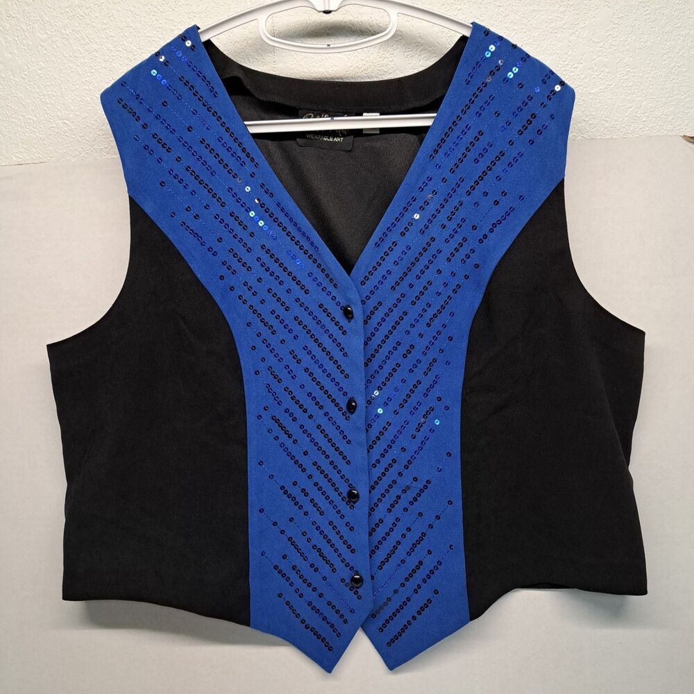 Bob Mackie Wearable Art Blue Sequined Button Down Vest Women's XL